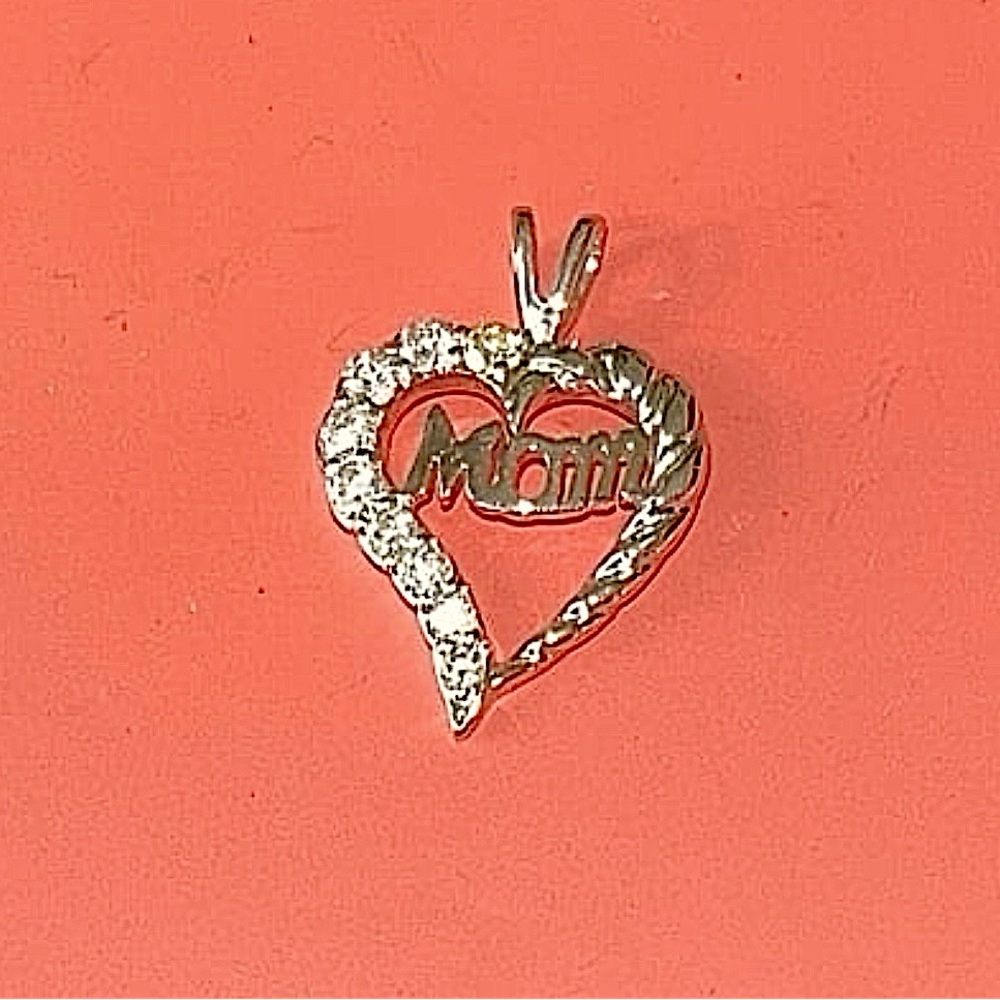 Vintage Sterling Silver CZ Crystal Mom Heart Pendant